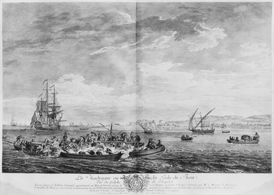 &39;La Madrague&39;或金枪鱼捕捞，Bandol湾的景色，&39;Les Ports de France&39;系列，由Charles Nicolas Cochin the Younger（1715-90）和Jacques Philippe Le Bas（1707-83）1762刻（蚀刻） 作者 克劳德·约瑟夫·韦尔内